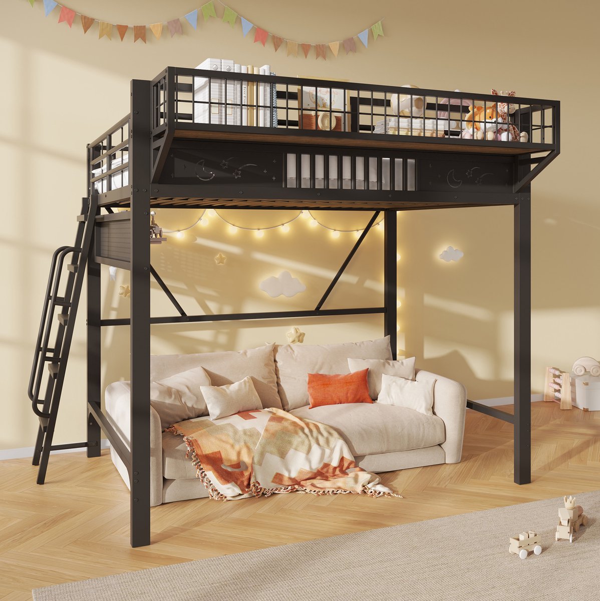 STILVORA Hoogslaper 140 x 200 cm – Metalen Bedframe – Open Ruimte & Opbergruimte – Links- of Rechts Plaatsbare Ladder – Zwart – Zonder Matras
