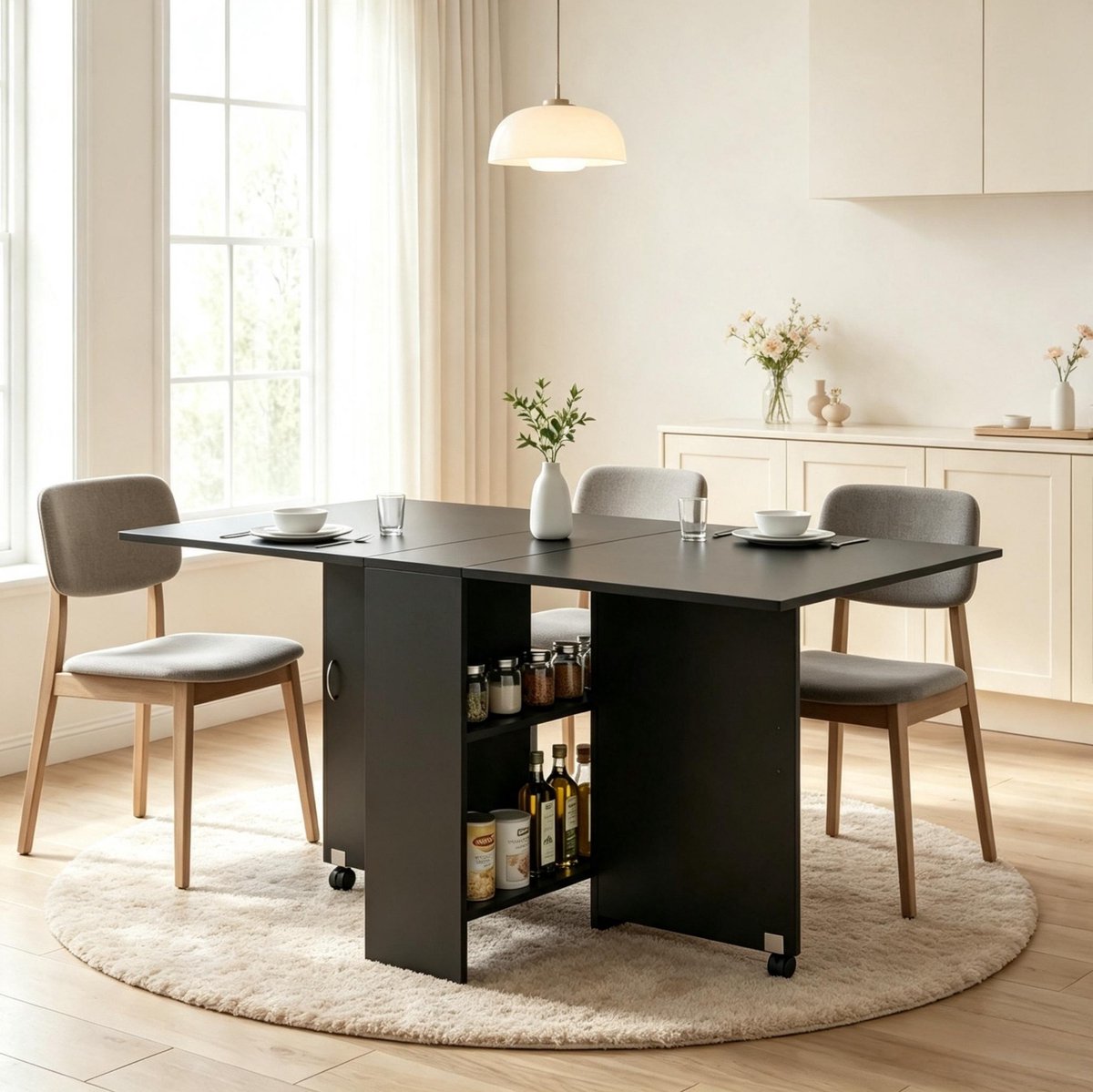 OKWISH Opklapbare Eettafel – Uitschuifbaar Met Wielen – Voor Kleine Ruimtes En Maximaal 6 Personen – Zwart Spaanplaat – 140 × 75 × 74 cm