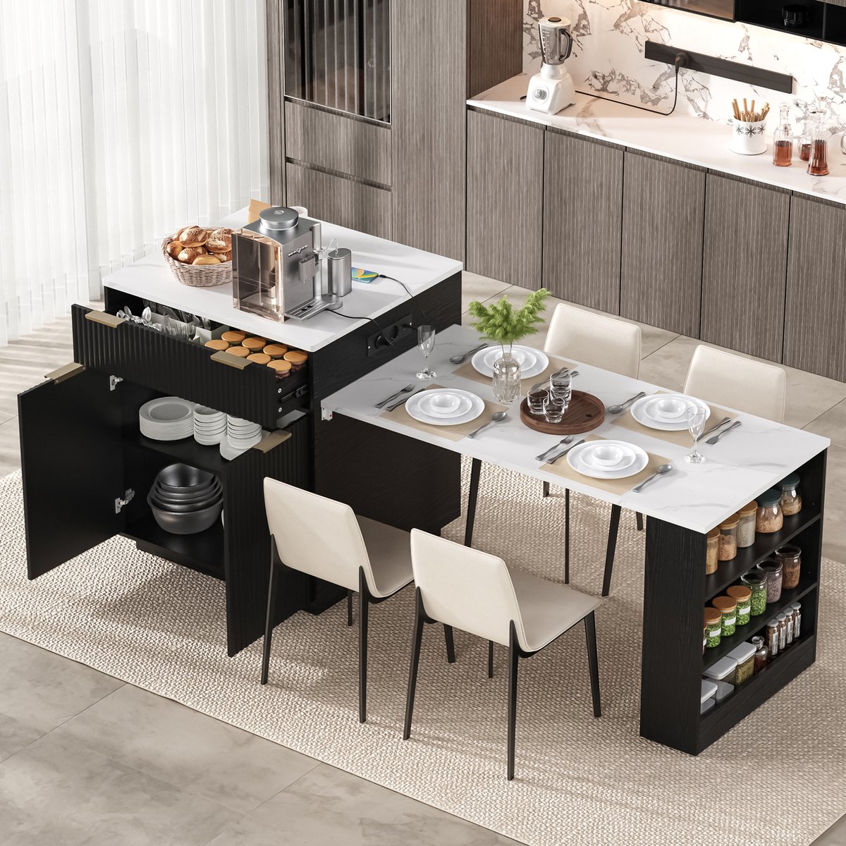 REDOM - Keukeneiland - Uitschuifbare eettafel - LED-verlichting en USB Type-C - Lades en verstelbare legplanken - Modern - Keuken en eetkamer - MDF - Zwart - 127,5 tot 205 x 67 x 92 cm