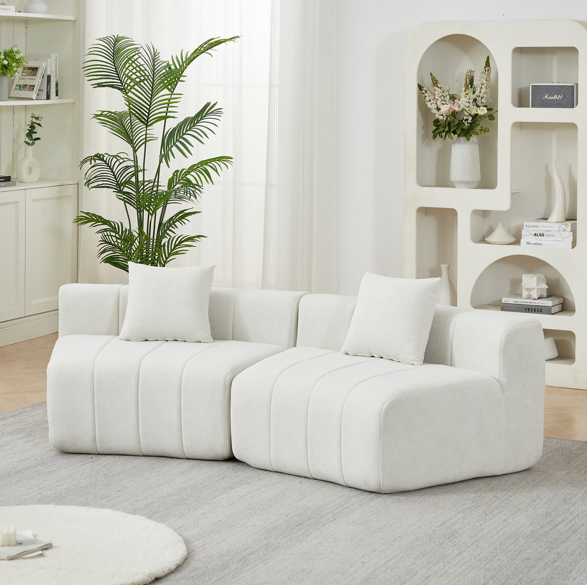 REDOM - Bankonderdeel - Gebogen modulair sofamodule - Chenillebekleding - 2 kussens - Zonder montage - Woonkamer - Beige - 223 x 83,8 x 73,6 cm