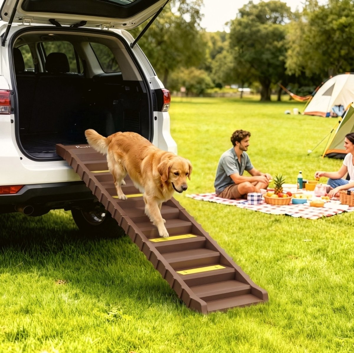 REDOM - Opvouwbare hondenloopplank - 10 treden - Antislip TPR-strips - Kunststof - Bruin - 154 x 40 x 7,5 cm - Tot 25 kg
