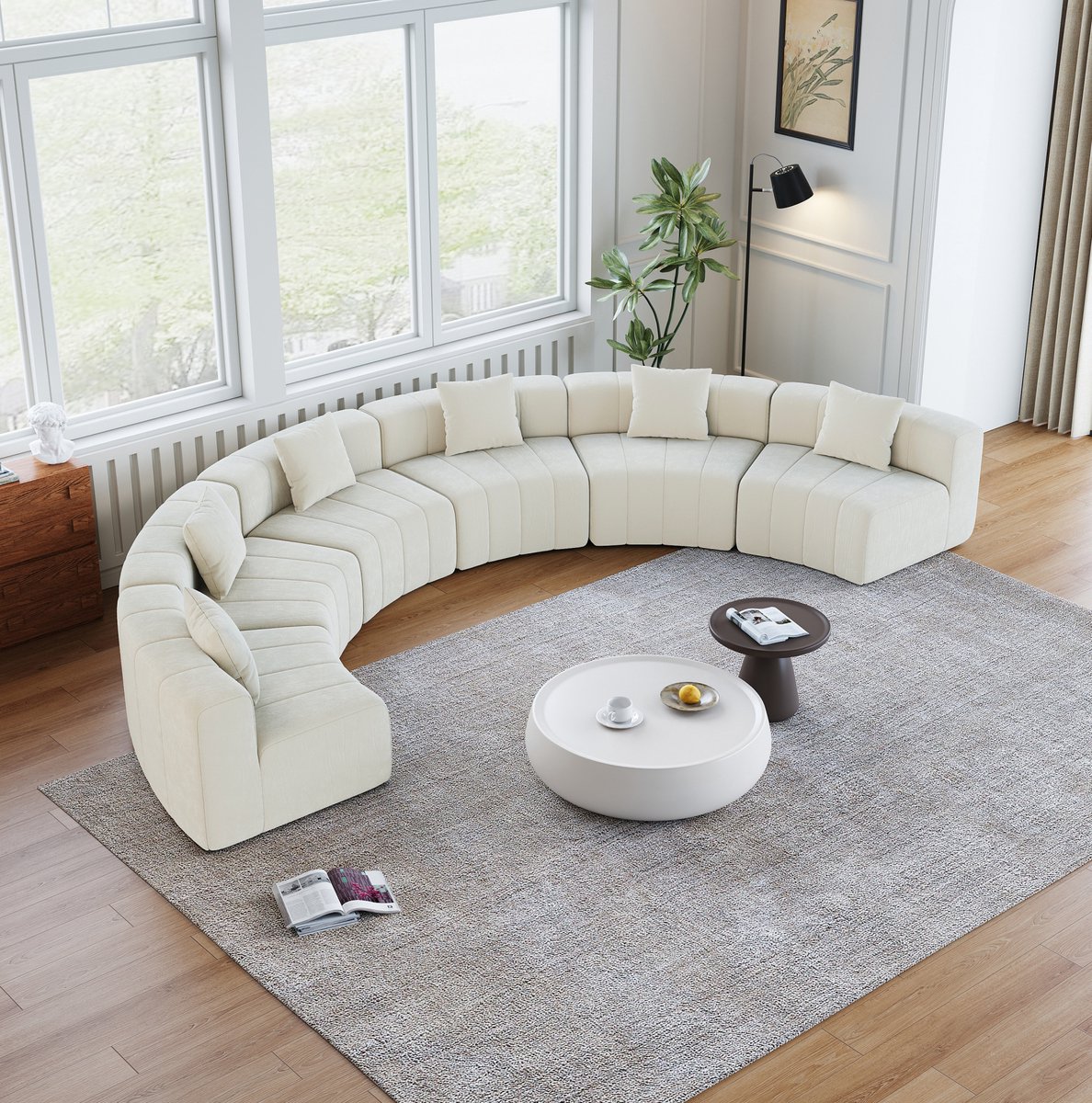 REDOM - Modulaire 6-zitsbank - Gebogen halfronde opstelling - 2 kussens - Chenille bekleding - Beige - 444,5 x 222 x 73,6 cm