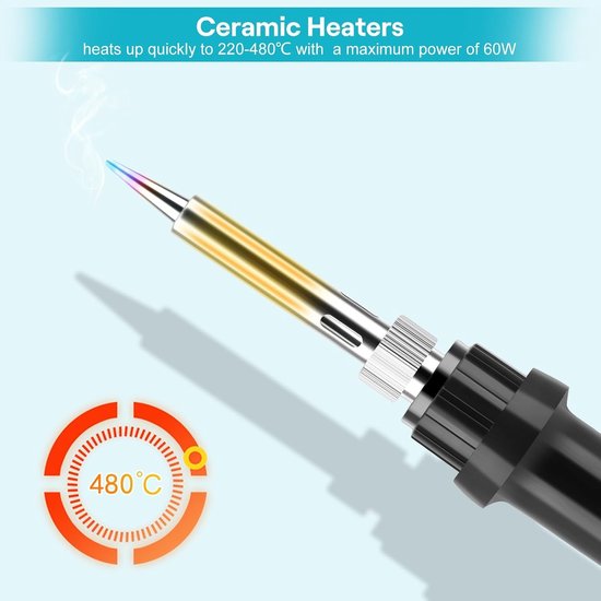 Solderkit 60 W met Instelbare Temperatuur 220-480 °C, Inclusief 10 g Lood, 5 Tips en Ontlodingpomp voor Precisie Reparaties en Elektronica Werkzaamheden — afbeelding 4