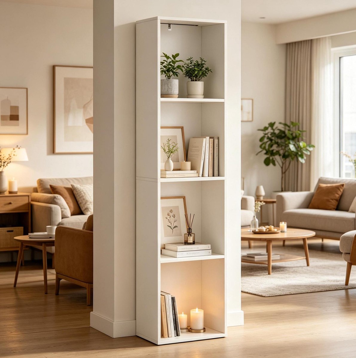 Boekenkast – Verstelbare Rgb-verlichting – 40 x 29 x 170 cm – Spaanplaat – Wit – 4 Vakken – Open Kast