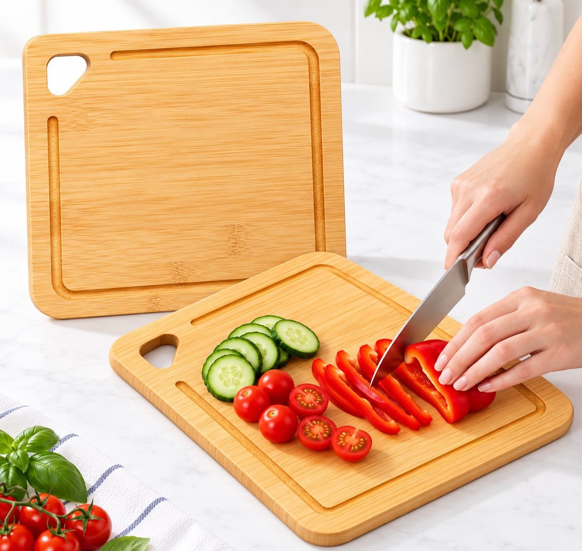 R&H® Mini Bamboe Snijplank met Sapgroef, Set van 2, Lichtgewicht Houten Snijplank met Handvat, voor Fruit, Kaas en Brood