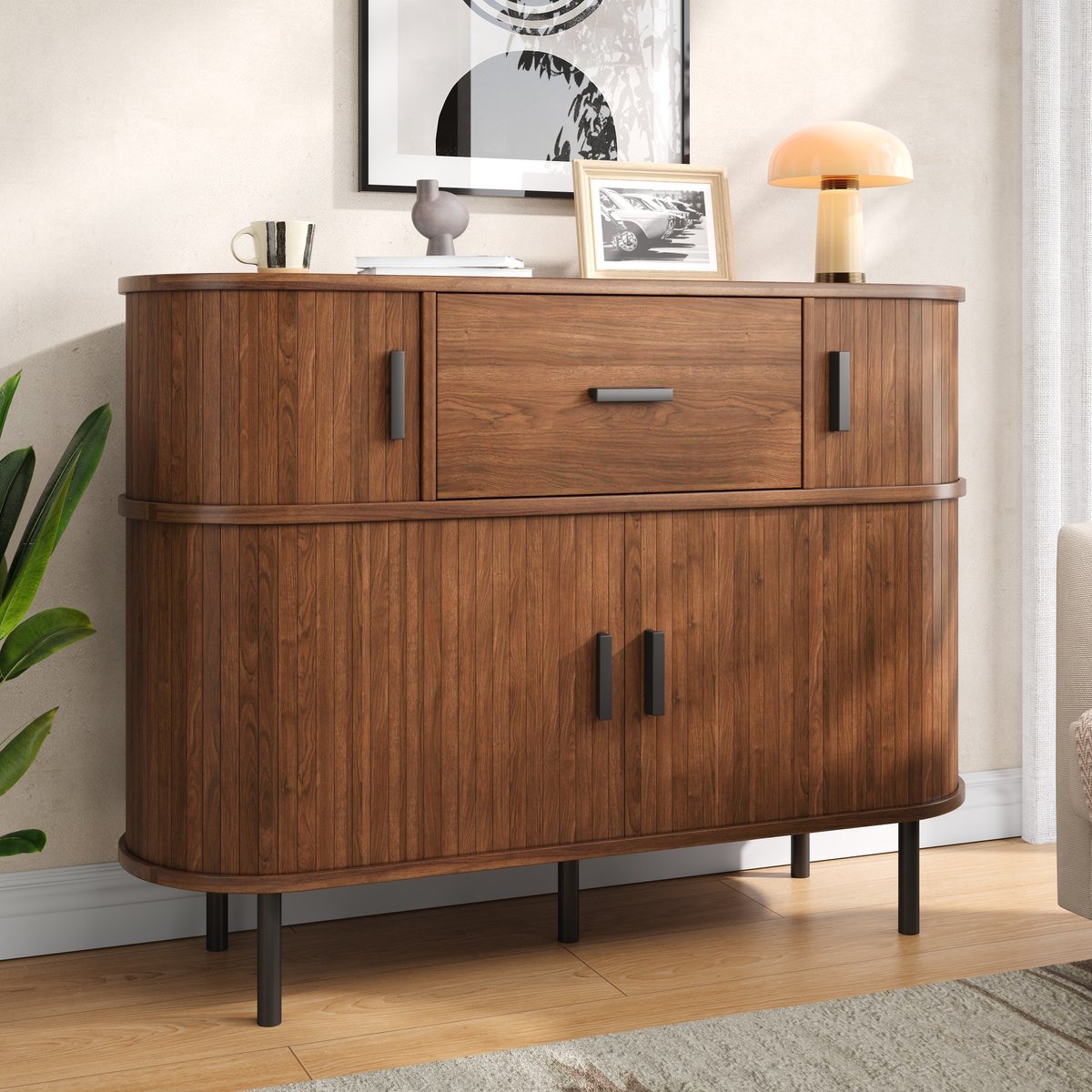 REDOM - Sideboard - Dubbele opbergruimte - Schuifdeuren en lade - MDF en spaanplaat - Walnoot - Woonkamer en eetkamer - 110 x 35 x 81,5 cm
