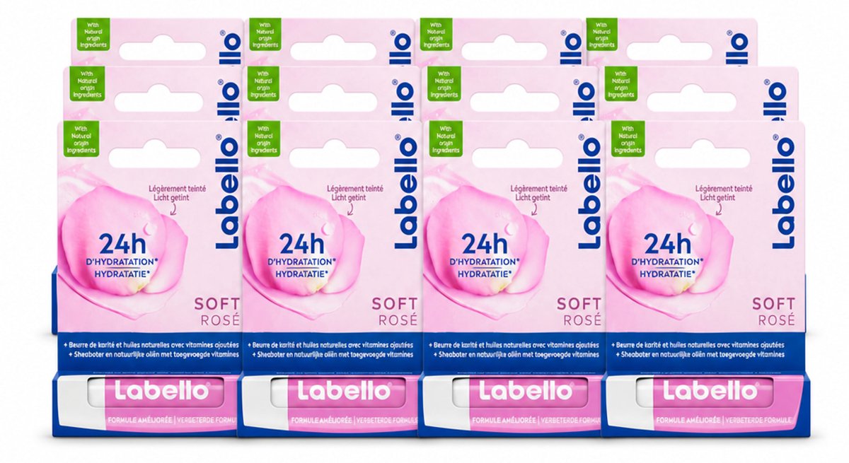12 x Labello – Lippenbalsem – Soft Rosé – Lippenbalsem – 24H Hydratatie - Voordeelverpakking - 12 stuks