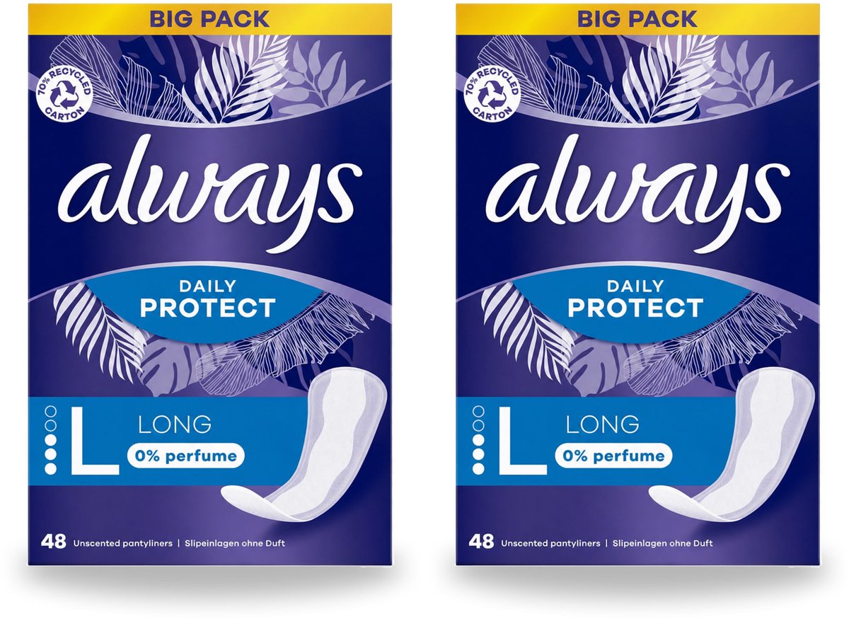 2 x Always - Inlegkruisjes - Long - 0% Parfum - 48 Inlegkruisjes - Bulkverpakking - 2 stuks