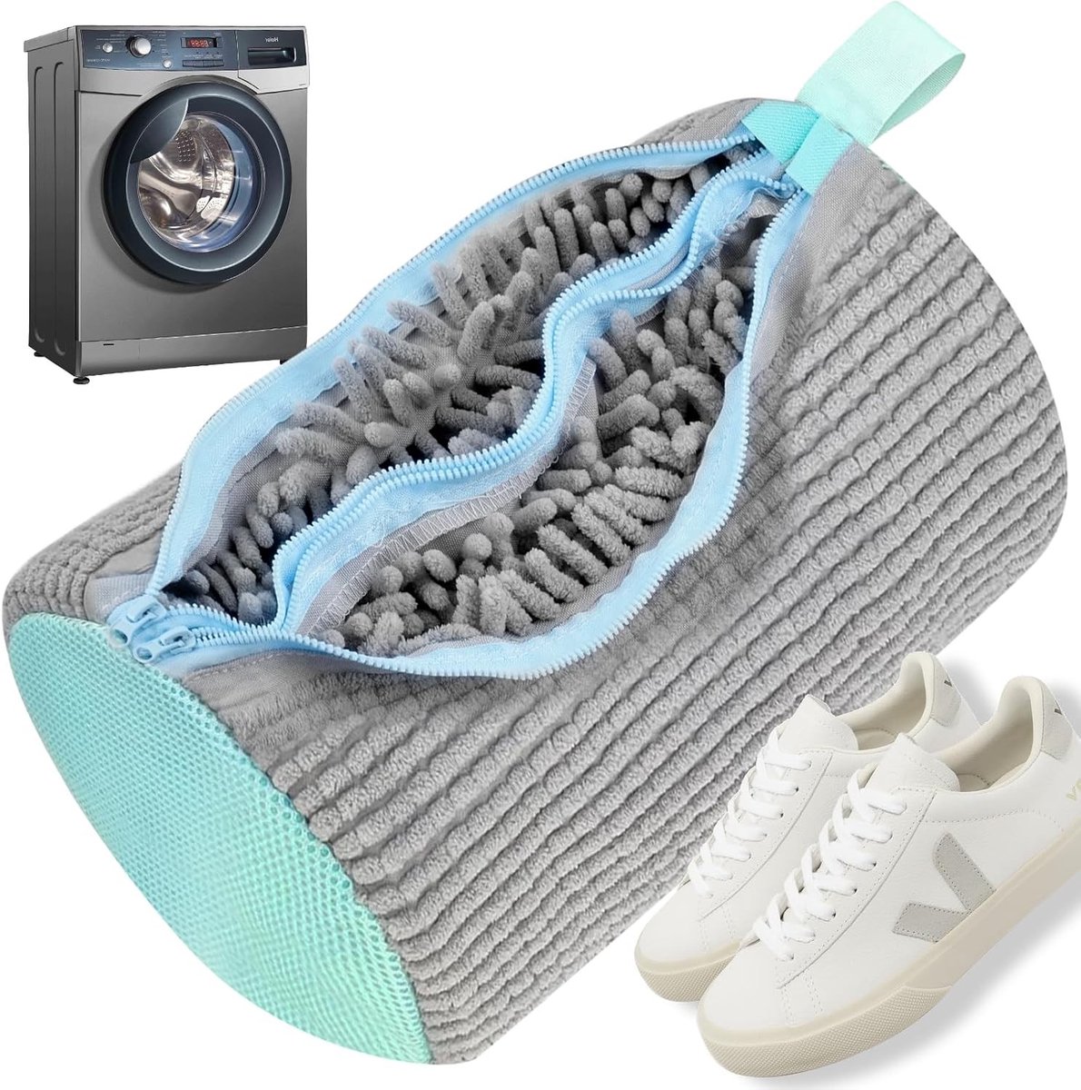 2-in-1 Waszak voor Schoenen, Herbruikbaar met Dubbele Rits en Vakken, Geschikt voor Wasmachine, Fleece en Diverse Maten