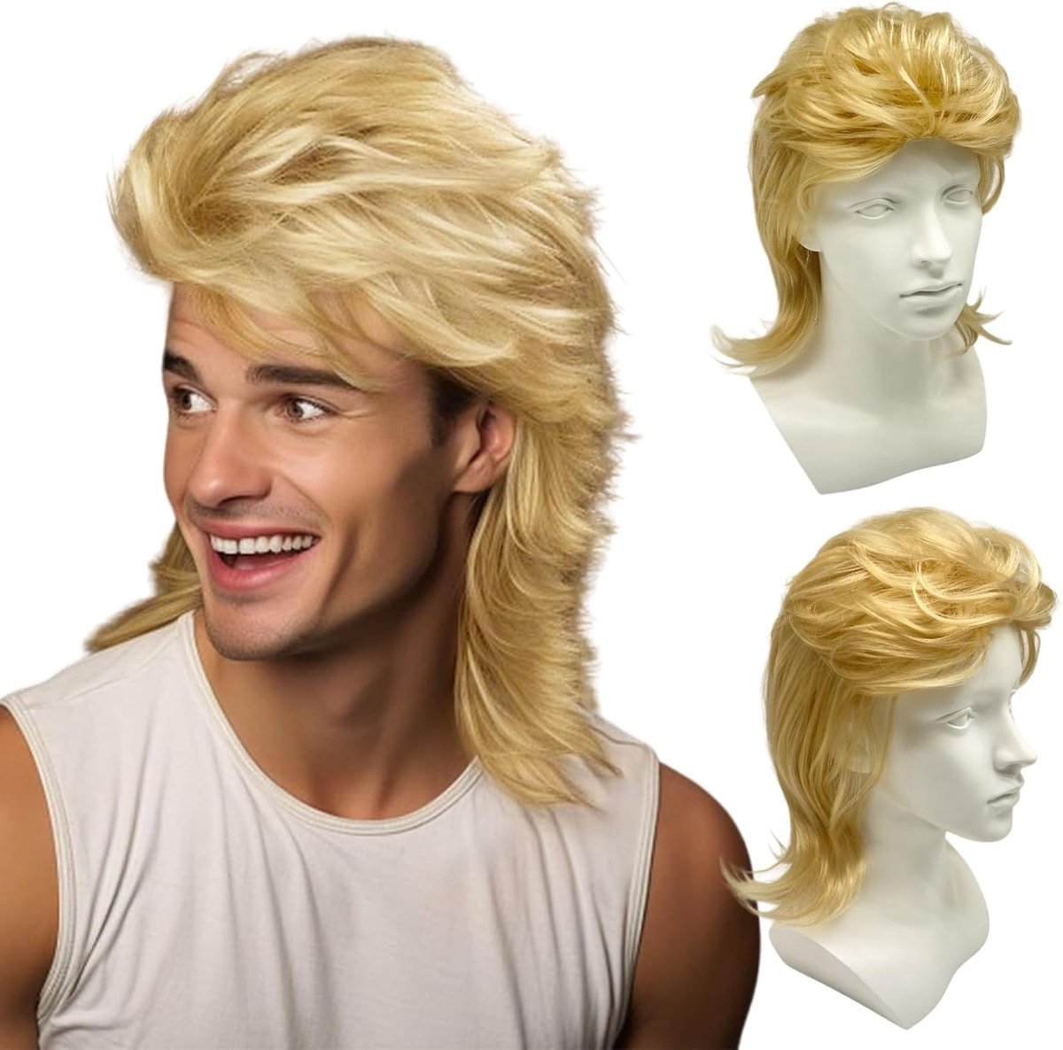Blonde Mullet Peruk voor Mannen, 80s Rocker Stijl, Lang Krullend Haar voor Carnaval en Halloween Kostuums