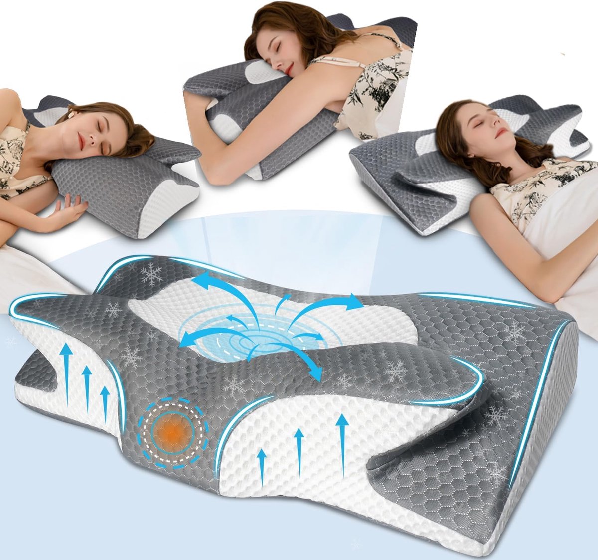 Vlindervormig Traagschuimkussen Met Afneembare Hoes - Dubbele Hoogte, Uitsparingen Voor Armen, Ergonomisch - Voor Zijslapers - Lichtgrijs