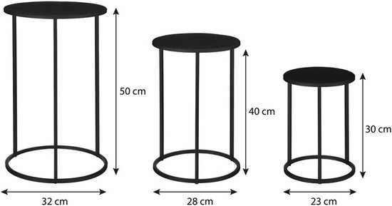 Drie zwarte bijzettafels met afmetingen: H50 x Ø32 cm, H40 x Ø28 cm en H30 x Ø23 cm.