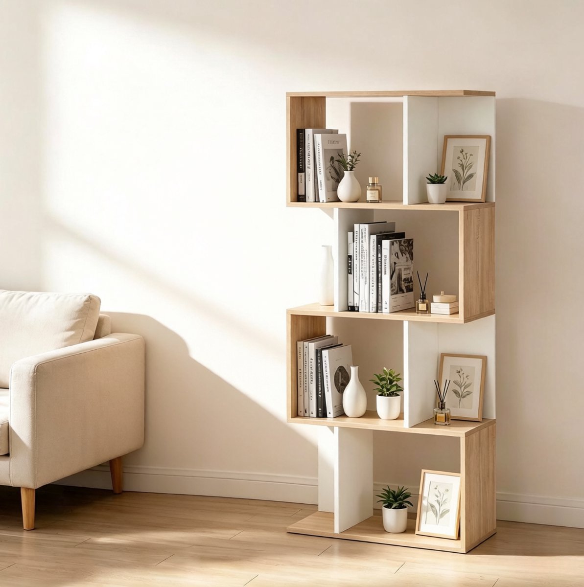 Boekenkast – S-Vormig Open – 60 x 24 x 148 cm – Spaanplaat – Natuurlijk Hout en Wit – Ruimteverdeler