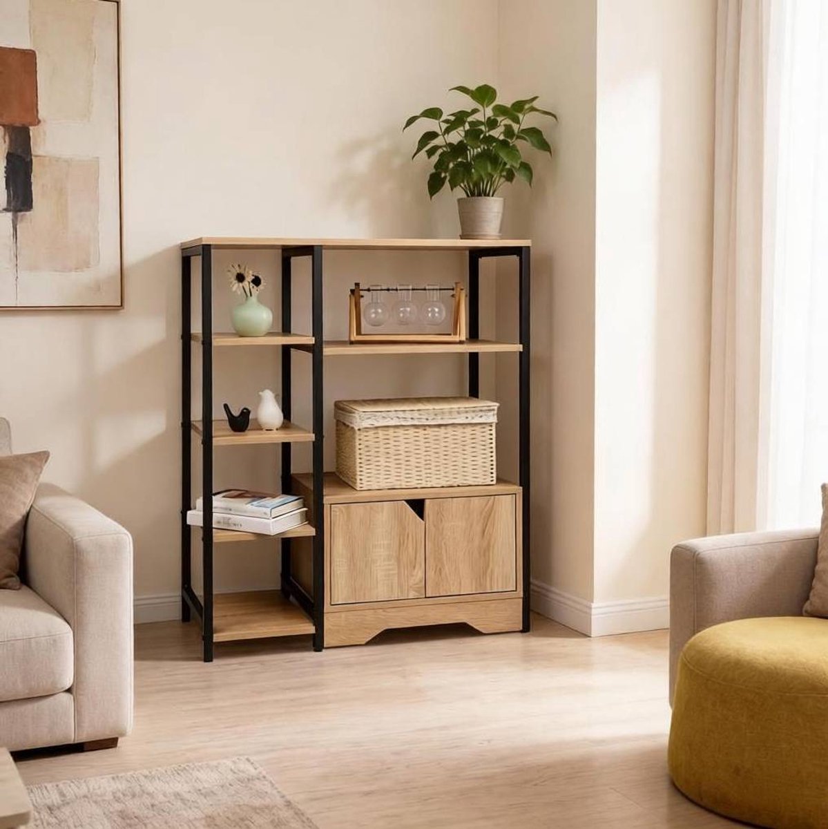 Boekenkast – 80 x 35 x 97 cm – E1-MDF – Licht Eiken – Open Vakken, Kast Met Deuren en Wandbevestiging