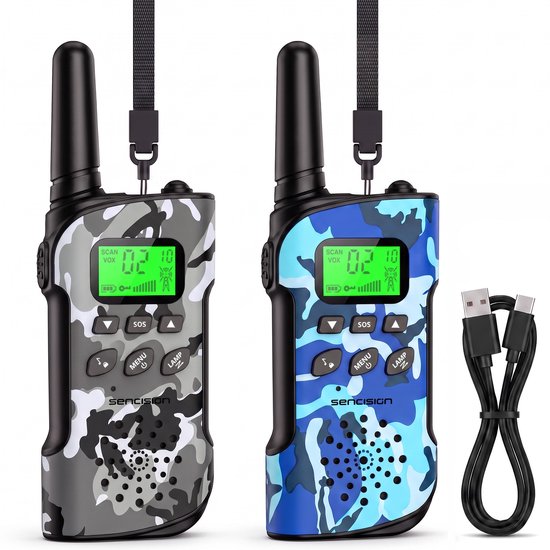 Twee oplaadbare walkie talkies, een in grijs camouflage en een in blauw camouflage, met USB-C kabel.