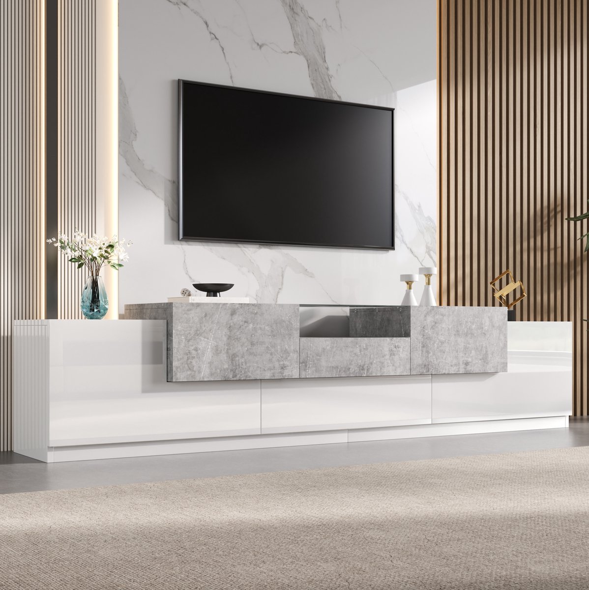 REDOM - TV meubel - Gehard glazen plateau - Lade en klepdeur - Kabeldoorvoer - MDF en spaanplaat - Wit en grijs - 200 x 33 x 48,5 cm