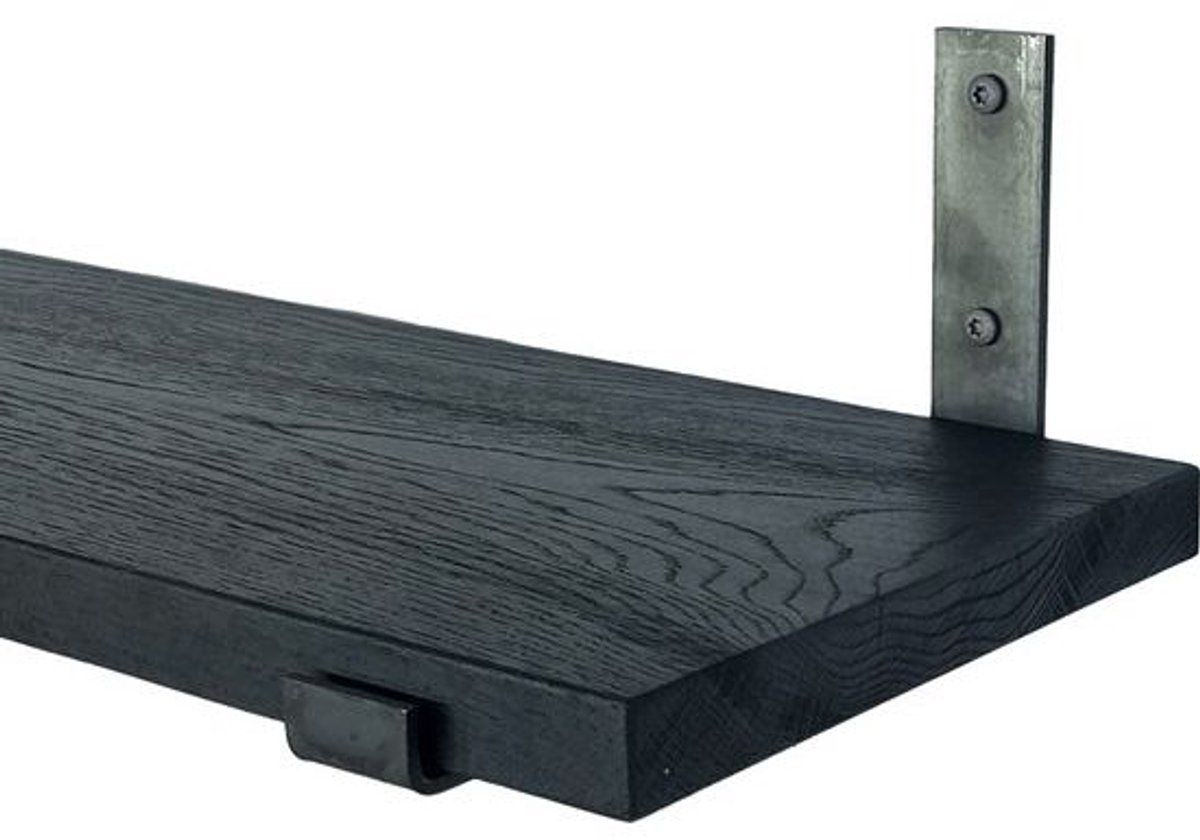 GoudmetHout Zwarte Eiken Wandplank - 260x25 cm - Plankdragers L-UP Mat Zwart Zwart eiken