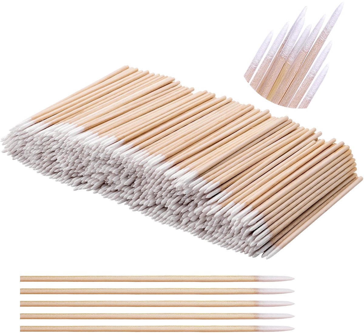 Wattentips - Met spitse precisiepunt en houten stokje - Voor Microblading, Tattoo en Wimperverlenging - 800 stuks, 10 cm
