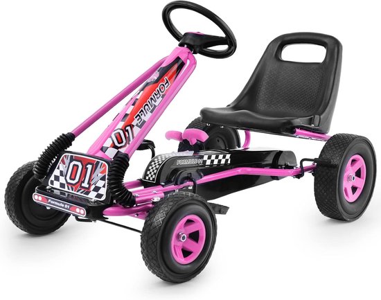 Roze skelter met zwarte racestoel, racevlag-details, 'Formula 01' logo en roze velgen.