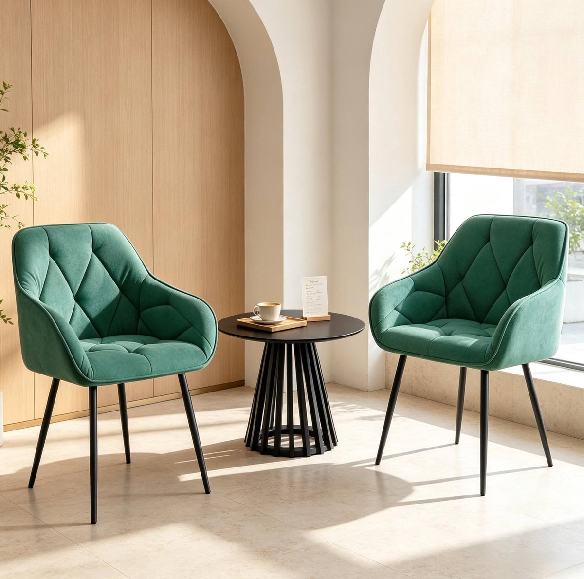 REDOM - Eetkamerstoel kuipstoel - Set van 2 - Gewatteerde velvet zitting - Gebogen armleuningen - Metalen vierpoot - Turquoise - 45,5 x 45 x 83,5 cm