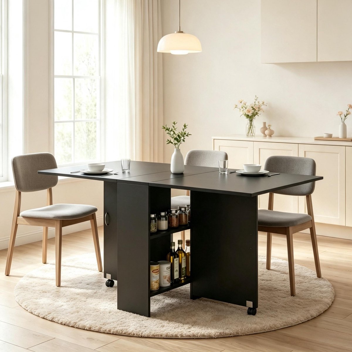 REDOM - Eettafel - Uitschuifbaar en opklapbaar - Opbergruimte - Wielen met rem - Spaanplaat - Zwart - 75 x 140 x 74 cm