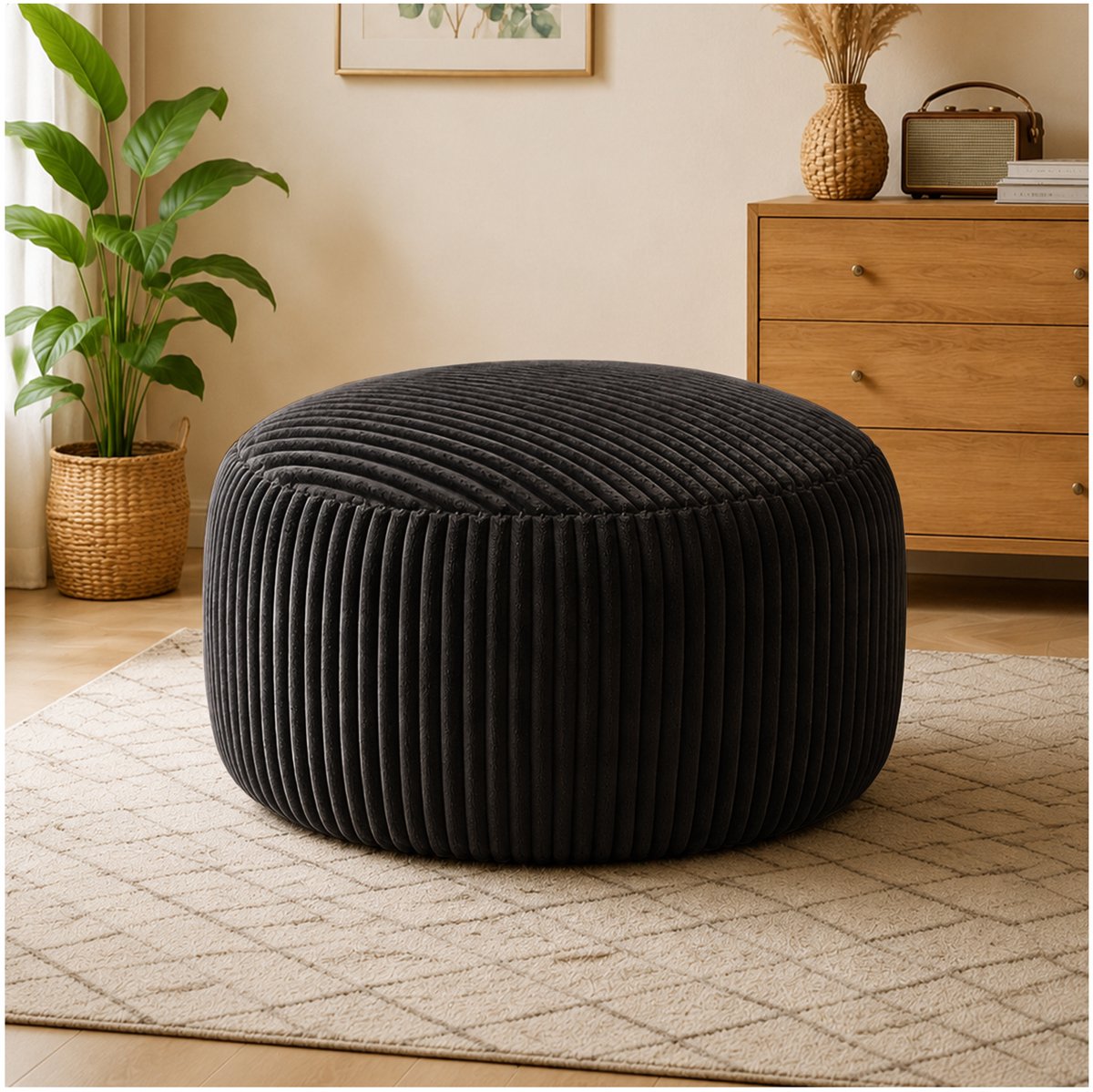 REDOM - Zitzak - Ruime ronde vorm - Traagschuimvulling - Ribstof - Voor woonkamer, slaapkamer, speelkamer en kantoor - Zwart - 100 x 100 x 50 cm