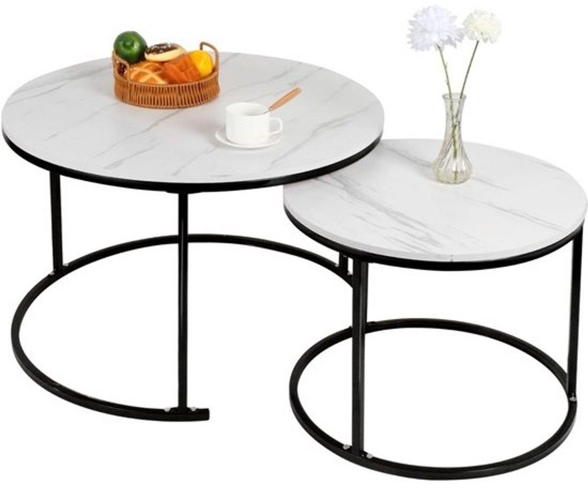 Set van 2 Ronde Salontafels met Marmerlook Blad, Nestelbaar