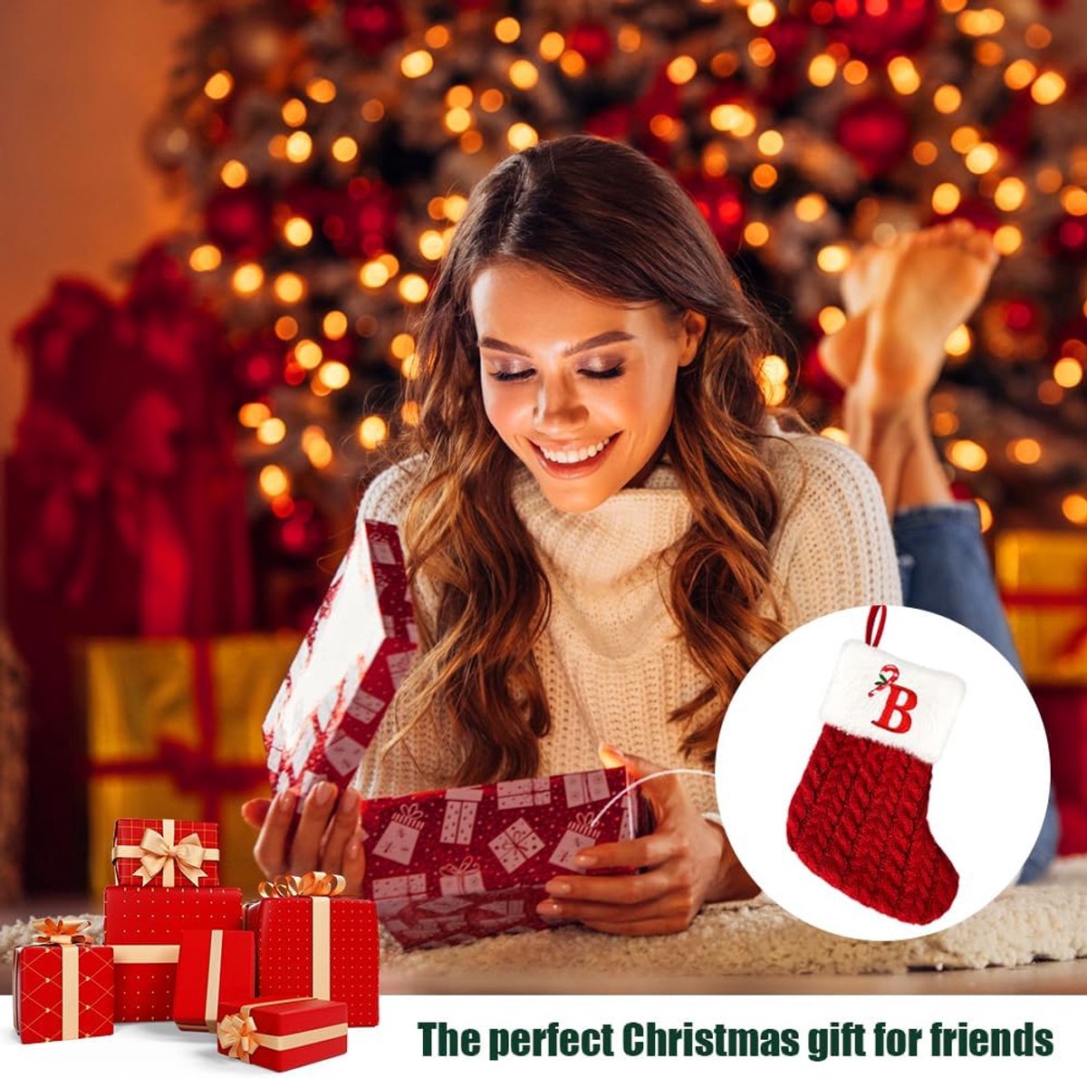 Kousen, 7,9 inch/7,9 inch/20 cm, gepersonaliseerde gebreide kous met brief, monogram, kerstkousen, rode kerstkousen, pluche manchet, hangende kousen, geschenken voor kerstboom, vakantie, ornament