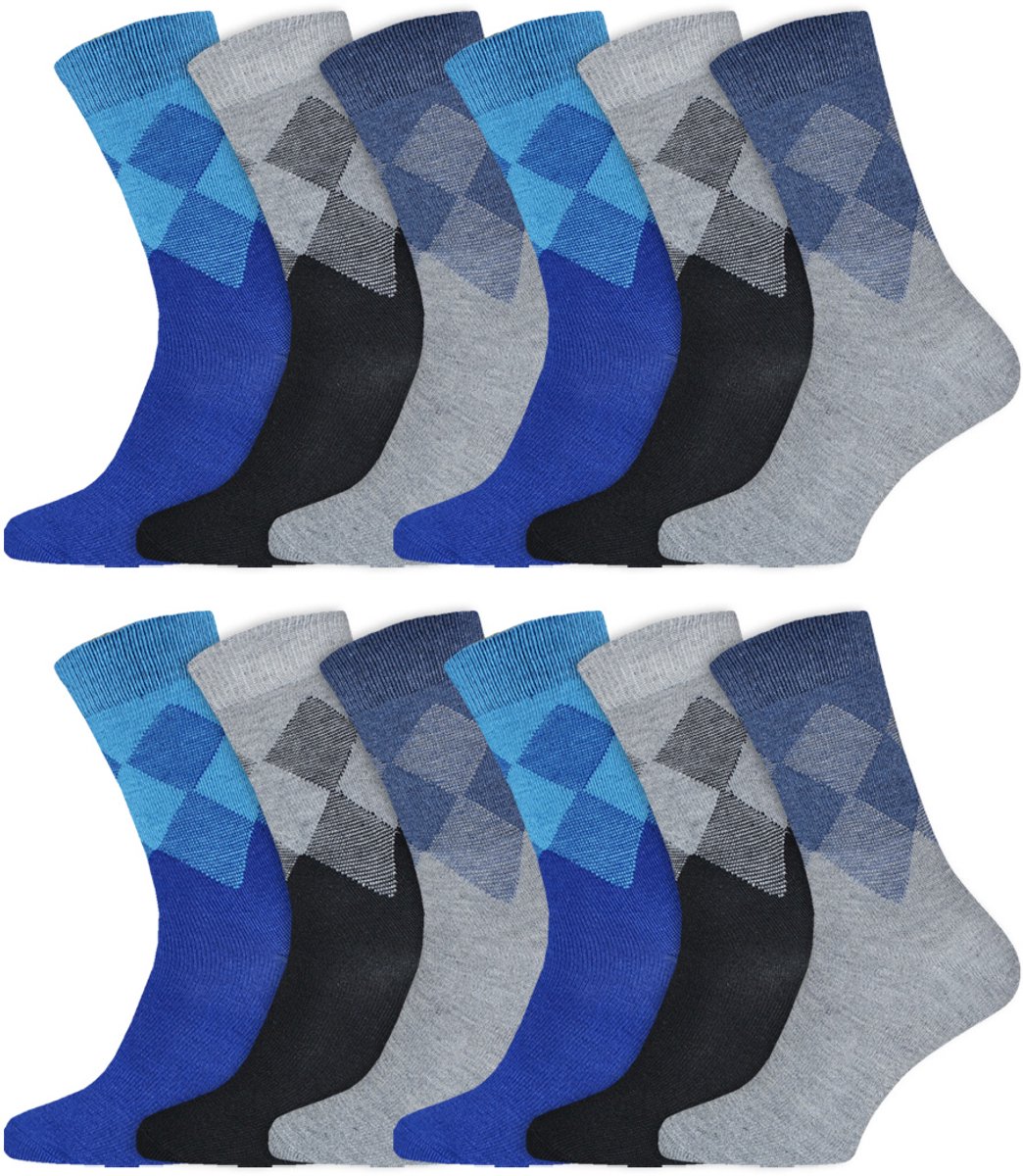 Katoenen Herensokken | Ruit | Merk: Gianvaglia | Kleur: Blauw | Maat: 39-42/ 43-46 | 12 Paar