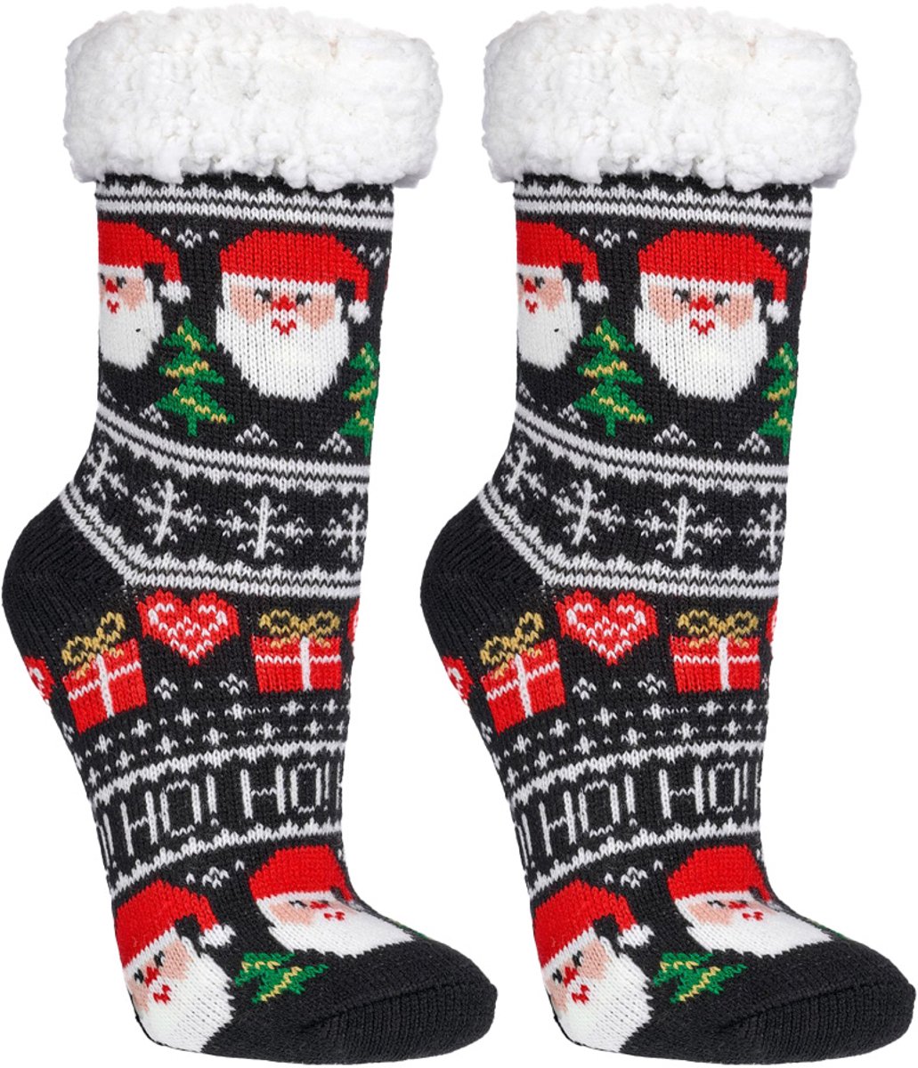Kerstsokken | Huissokken Met Kerst Thema | Teddy Voering | Antislip Zool | Merk: Socks4fun | Maat: 36 T/M 47 | Kleur: Zwart | 2 Paar