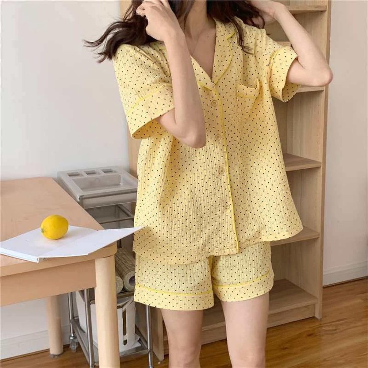Pyjama Set Met Korte Mouwen, Revers, Zomer, Katoen, Dubbel Garen, Kleine Frisse Meisjes, Fijne Stippenprint, Nachtkledingset, Modieus V-Hals, Comfortabel Vest, Casual Homewear, Tweedelige Set,G