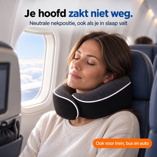 Vrouw met bruin haar slaapt met zwart nekkussen in vliegtuig.