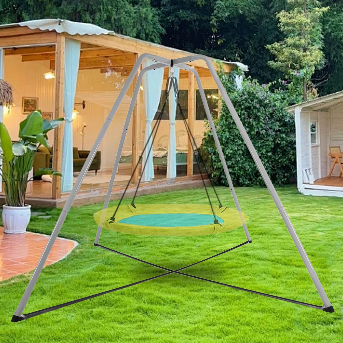 MEUNIQ Schommelstandaard A-frame van staal 220 x 220 x 200 cm – grijs schommelgestel met poedercoating voor binnen en buiten, zonder nestschommel