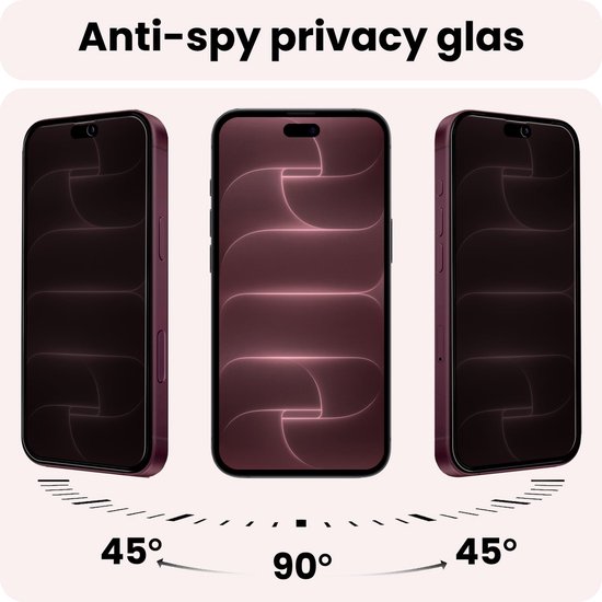 Drie hoekzichten van een donker privacyglas voor een telefoon, getoond op 45°, 90° en 45°.