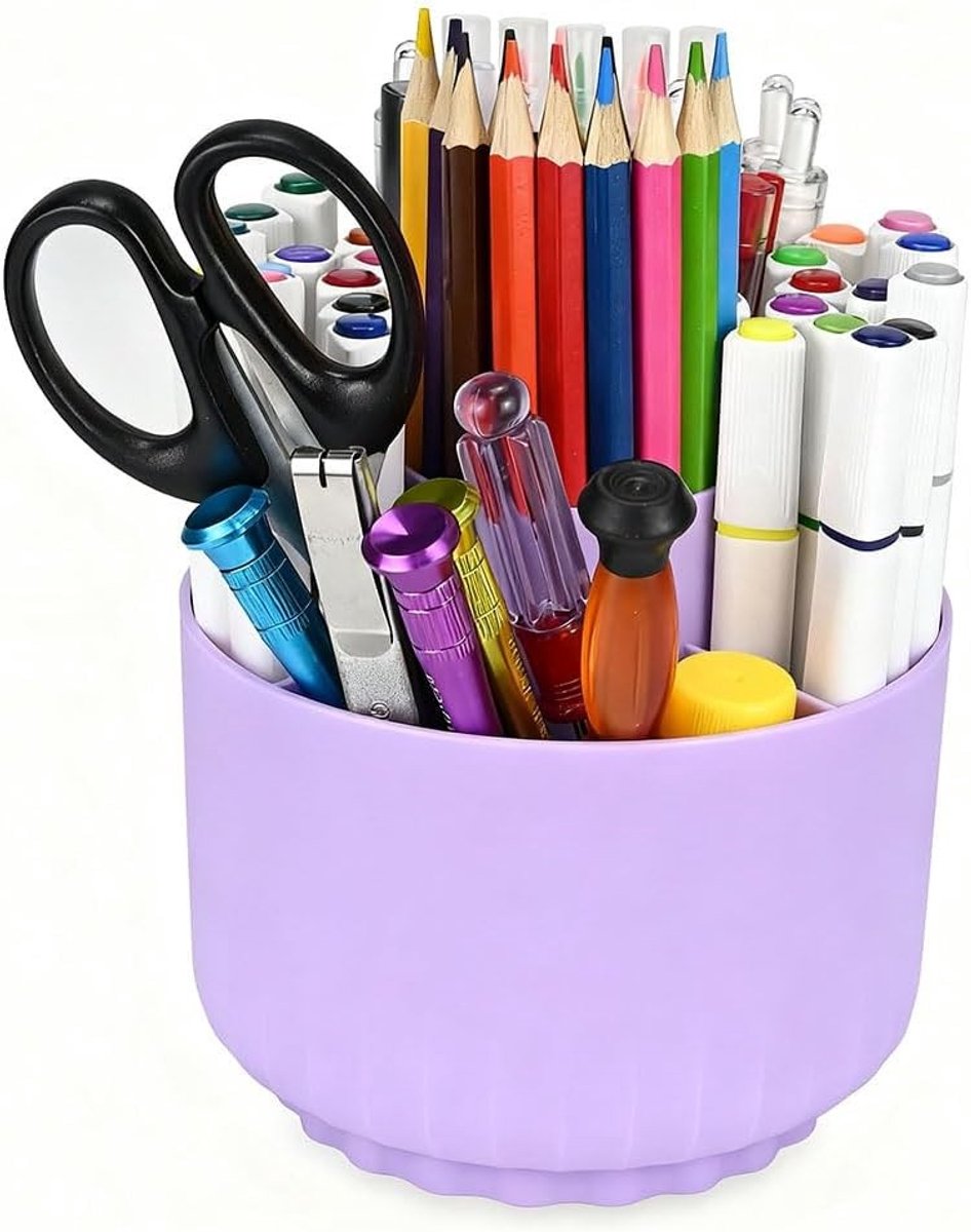 360 Graden Bureau Organizer met 5 Compartimenten, Multifunctionele Pennenhouder voor Kantoor, School en Kantoorbenodigdheden (Paars)