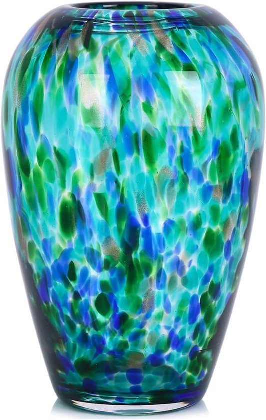 Grote Mondgeblazen Glazen Vaas Blauwgroen - Decoratieve Bloemenvaas met Brede Hals