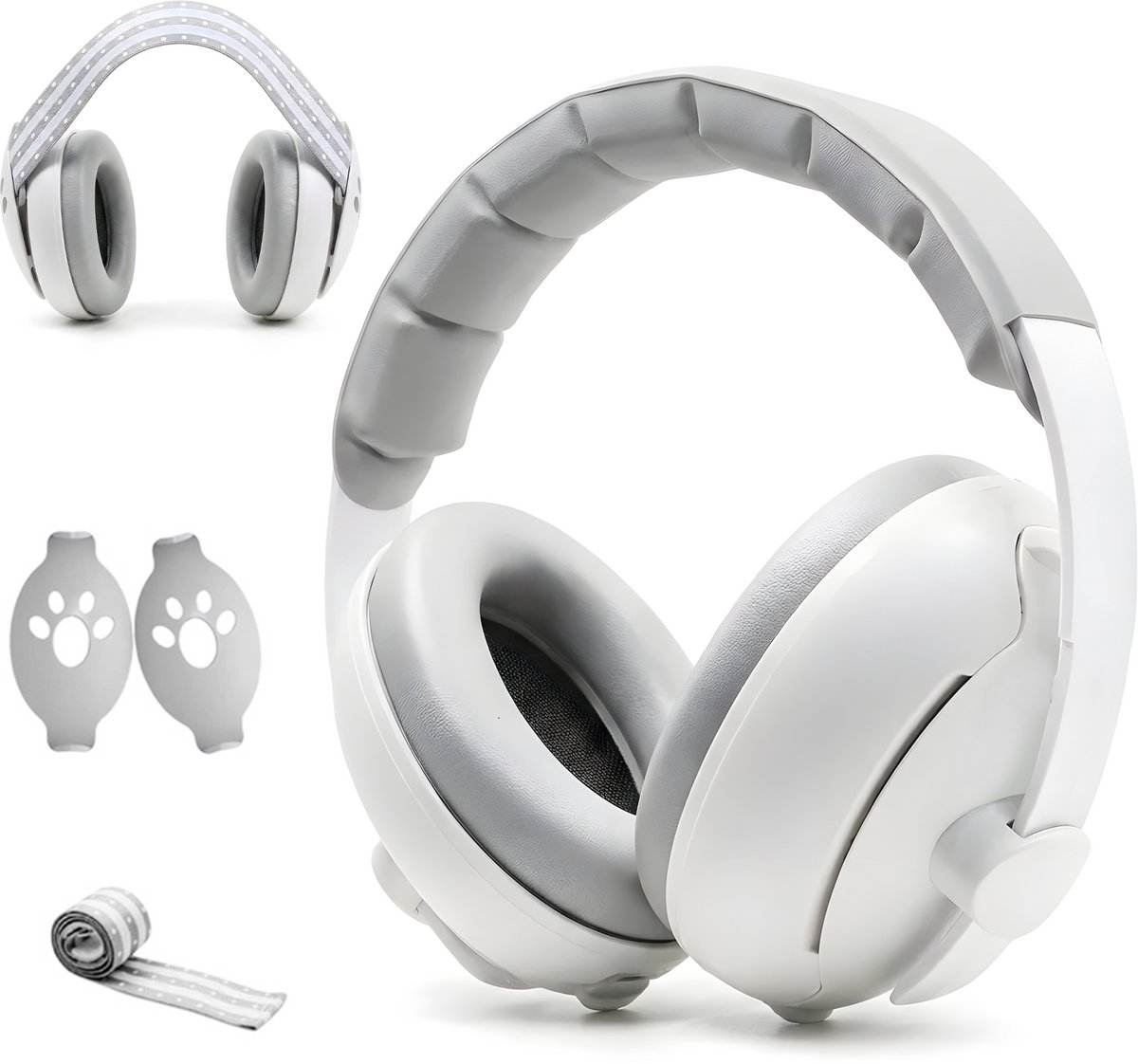 Gehoorbescherming baby - 2 ‑ in ‑ 1 oorkappen- 25 dB Demping - 0 ‑ 4 jaar – Geluiddempende Oorkappen met Verstelbare Hoofdband en Zachte Elastische Band – Opvouwbaar - Dempt harde geluiden– Wit/Grijs