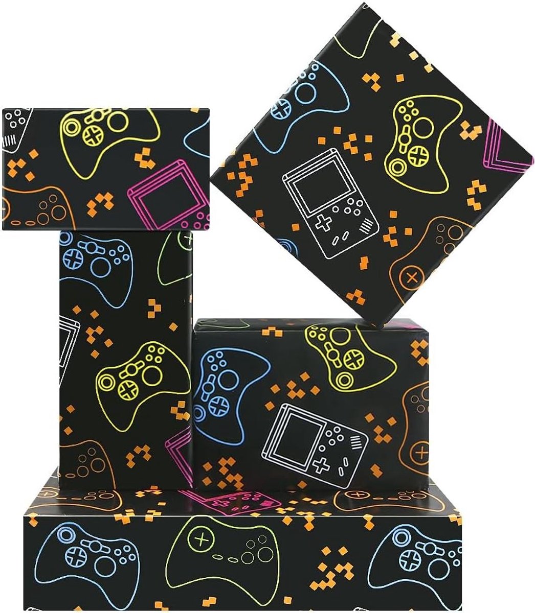 Kleurvol inpakpapier voor gaming verjaardagen, 4 vellen met videospelontwerpen, ideaal voor jongens en meisjes, 50 x 70 cm per vel