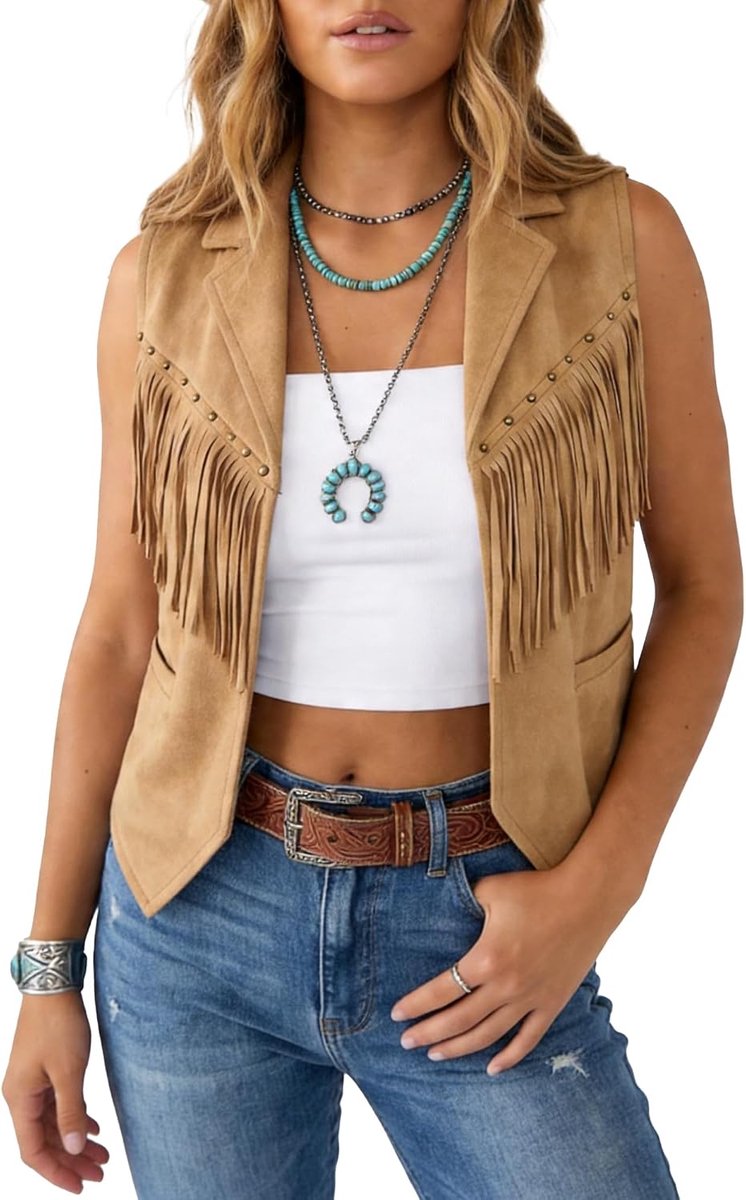 Suède vest hippie vest met franjes mouwloos vintage jas elegante korte franjes jassen Oktoberfest carnaval kostuums disco outfit