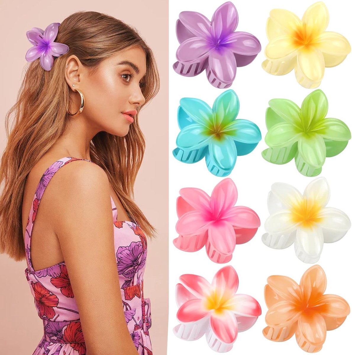 Kunststof bloemen haarclip groot, 8 stuks bloemenspelden kleurrijke Hawaii bloemenklemmen - mooie doos verpakt, haarspeld dames en meisjes bloem haaraccessoires