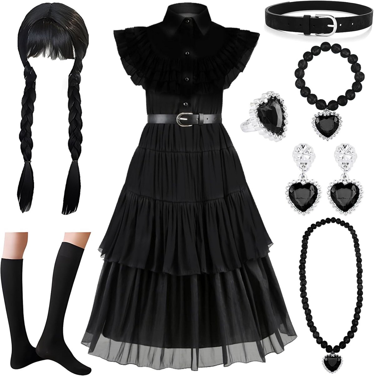 Halloweenkostuum voor kinderen, meisjes, 8 stuks, Halloween-kostuumjurk voor meisjes met pruik en sieradenaccessoires, Halloweenkostuum kinderen voor verjaardag, Halloween, carnaval, cosplay