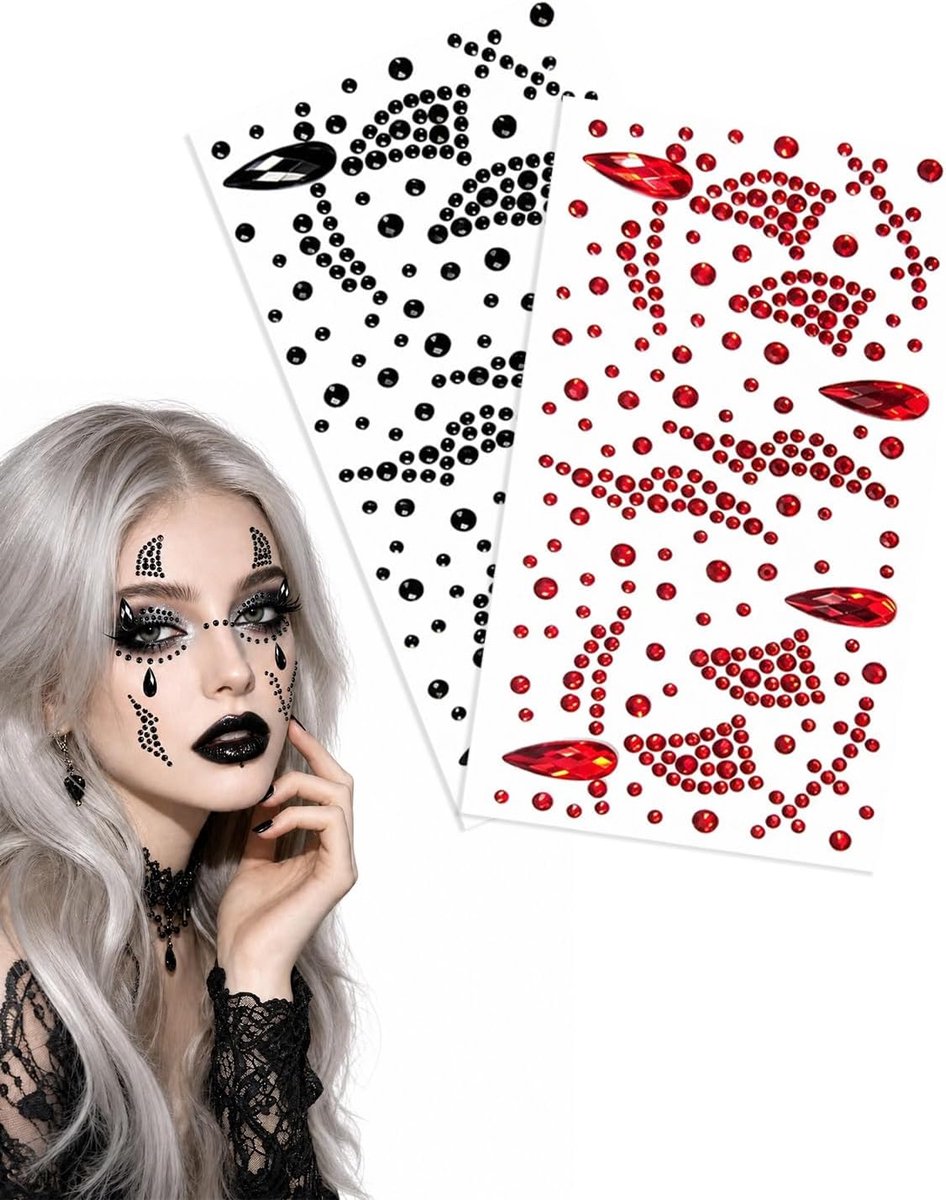 Gezicht Halloween stickers 2 vellen rood zwart | glitter gezicht veilige stickers voor make-up, eenvoudig ontwerp voor snel aanbrengen en schoon verwijderen