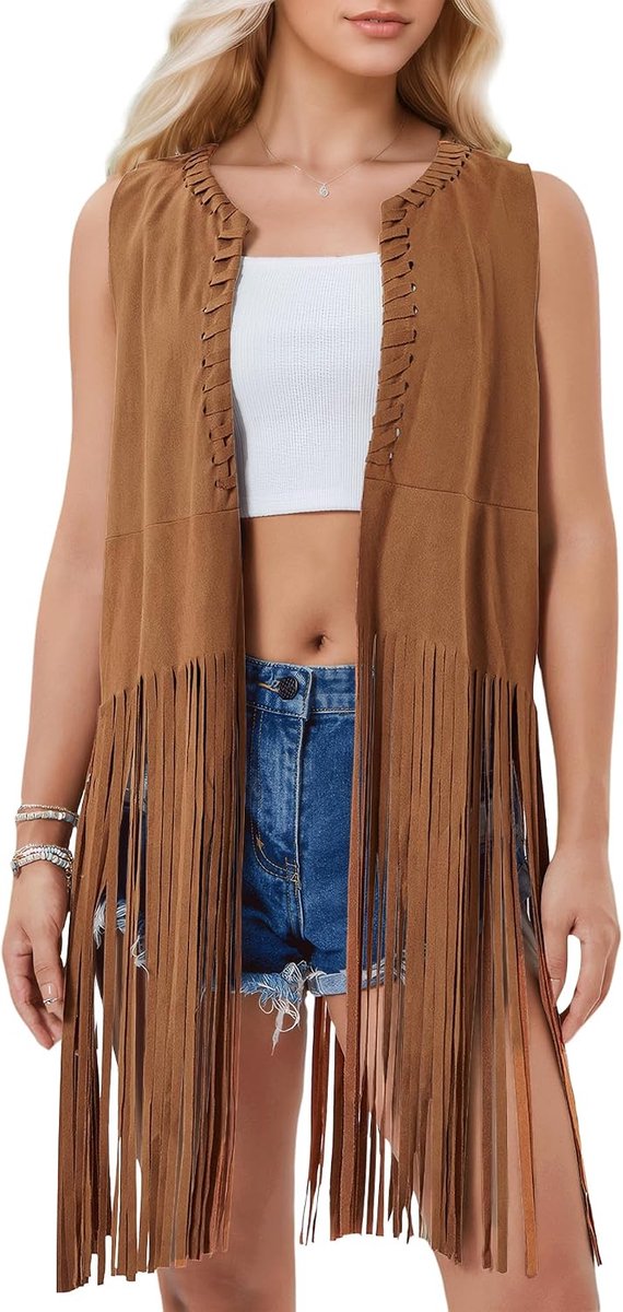 Vrouwen Fringe Vest 70s Hippie Kostuum Faux Suede Mouwloos Kwasten Vest Cowgirl Western Tops