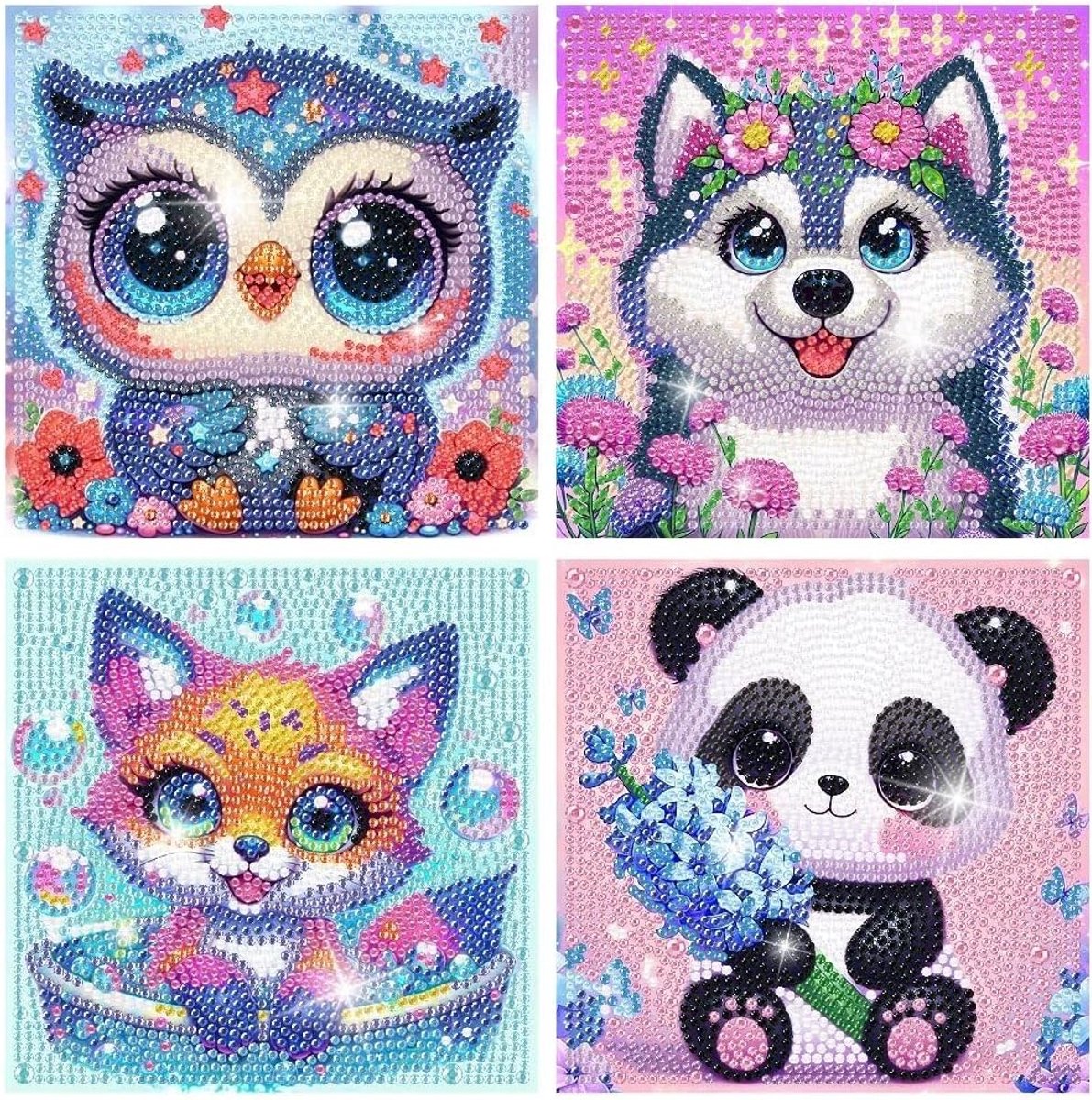 Set van 4 5D Diamant Schilderijen voor Kinderen met Cartoon Dieren - Creatieve DIY Mozaïek Kits voor Meisjes en Jongens, Perfect als Cadeau en Wanddecoratie