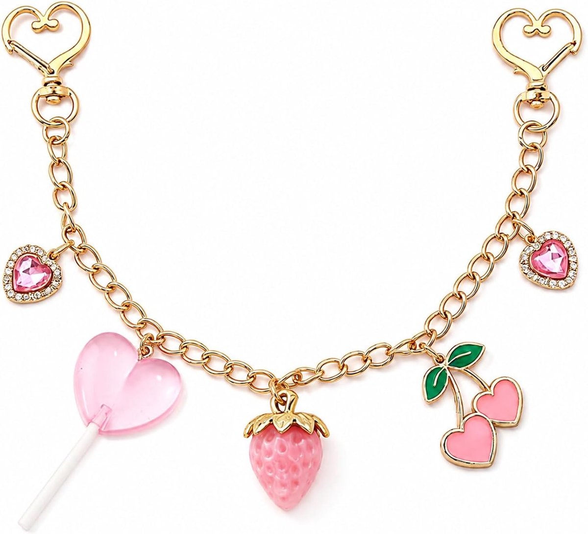 Goud, Tassenketting met Aardbei Kers Lollipop Charms, Korte Tassenhendel Verlengingsketting, Ketting voor Tas Sleutelhanger, Decoratief Handtassen