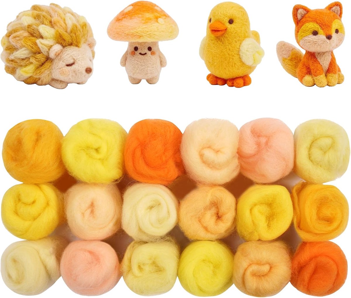 Naaldviltwol, Naaldviltset, Viltwol, 18 Stuks, Geel Serie | Wollen Pakket, Fleece Wollroving, Beginnersset met Pluizig Naaldvilt voor DIY Projecten, 9 Kleuren X 2 pack