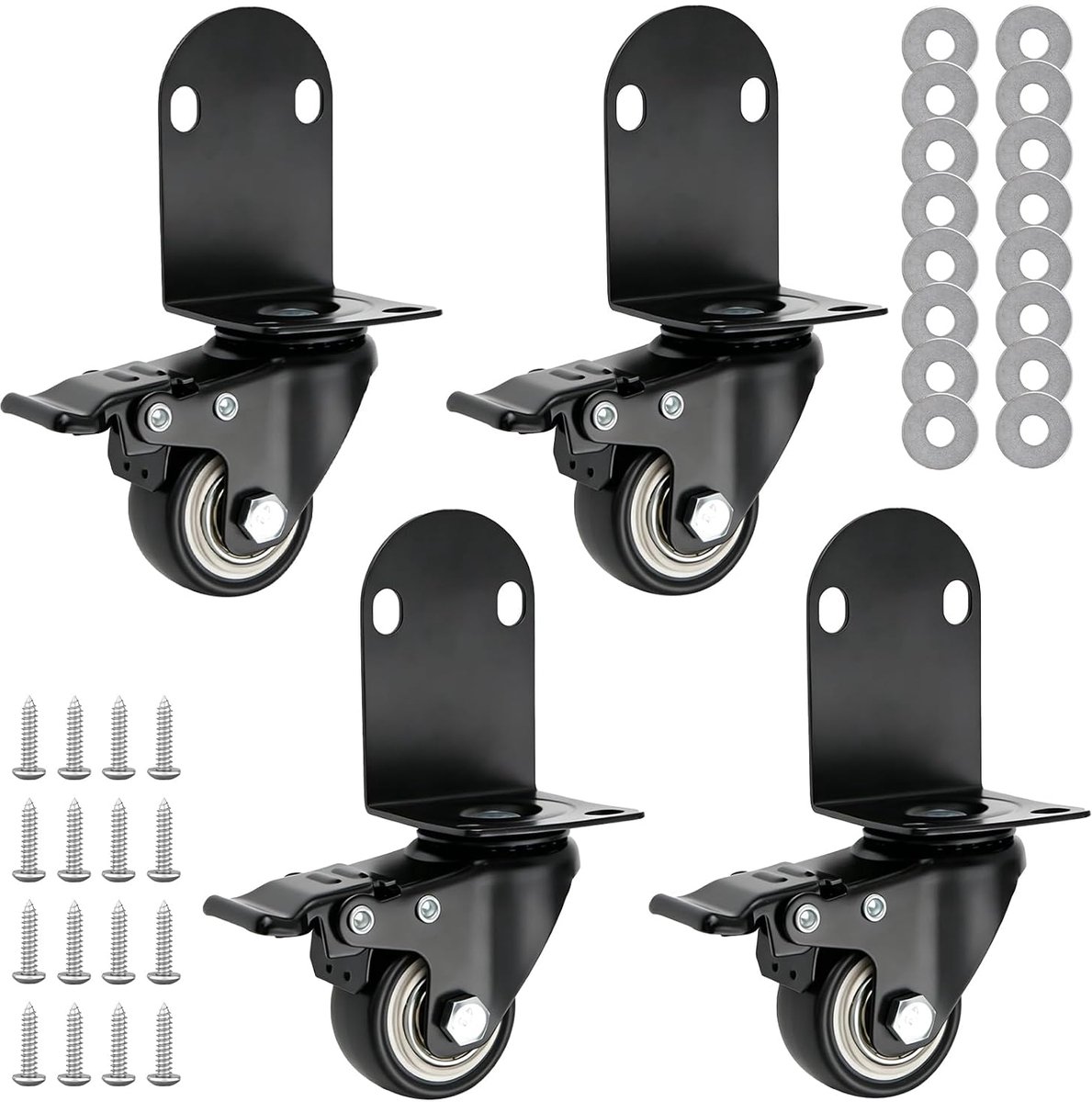 4 stuks meubelwieltjes met rem, 40 mm 360° draaibare wieltjes voor meubels, geruisloze PU wieltjes met rem, 40 kg per wiel, L-montageplaat, met 16 schroeven, voor salontafels, tafels, kasten