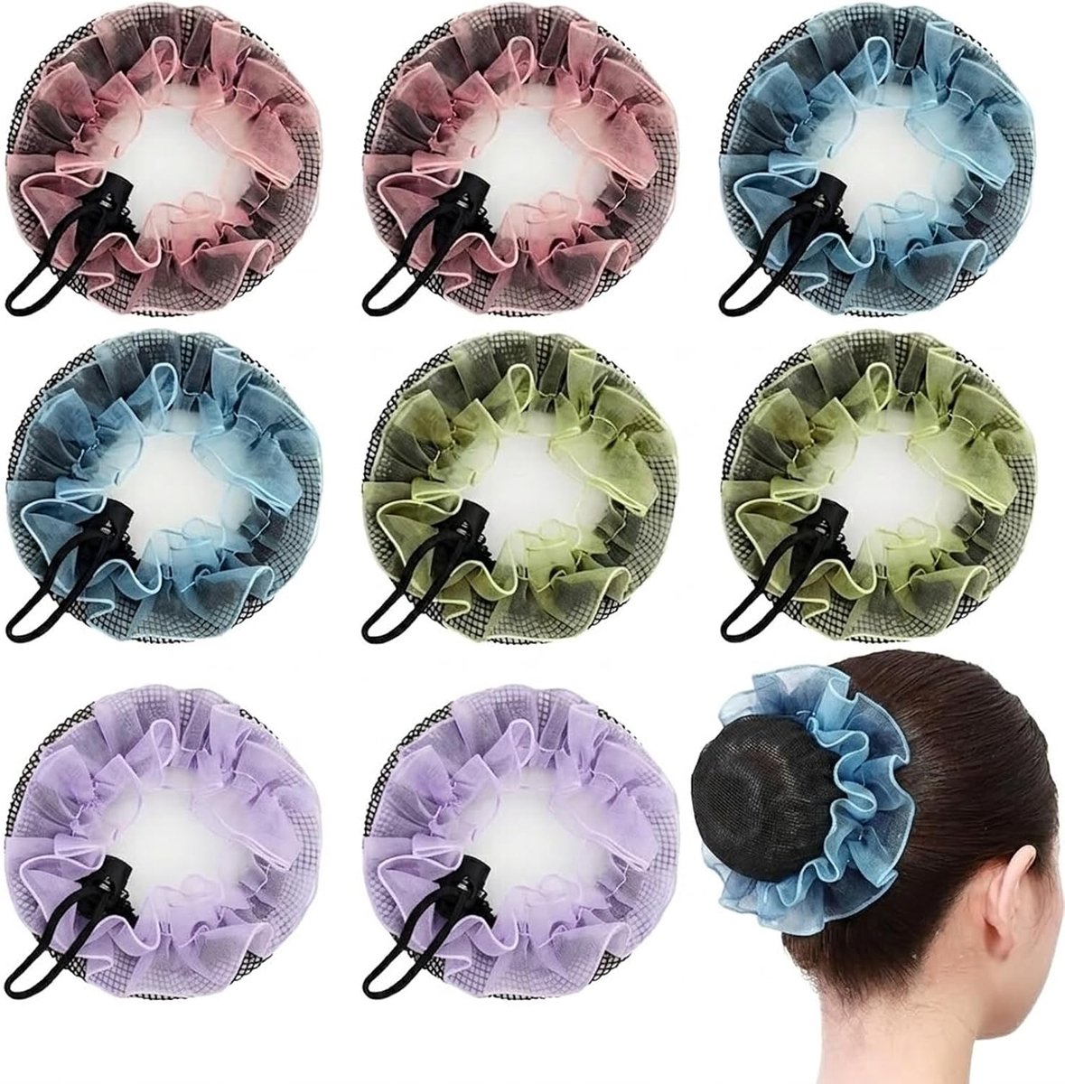 8 stuks haarnetjes, elastisch knotnet voor meisjes en dames, 10 cm knotmakerset met trekkoord, haarnetjes, kapsels voor ballet, paardrijden, toernooien, ritmische sportgymnastiek, 4 kleuren