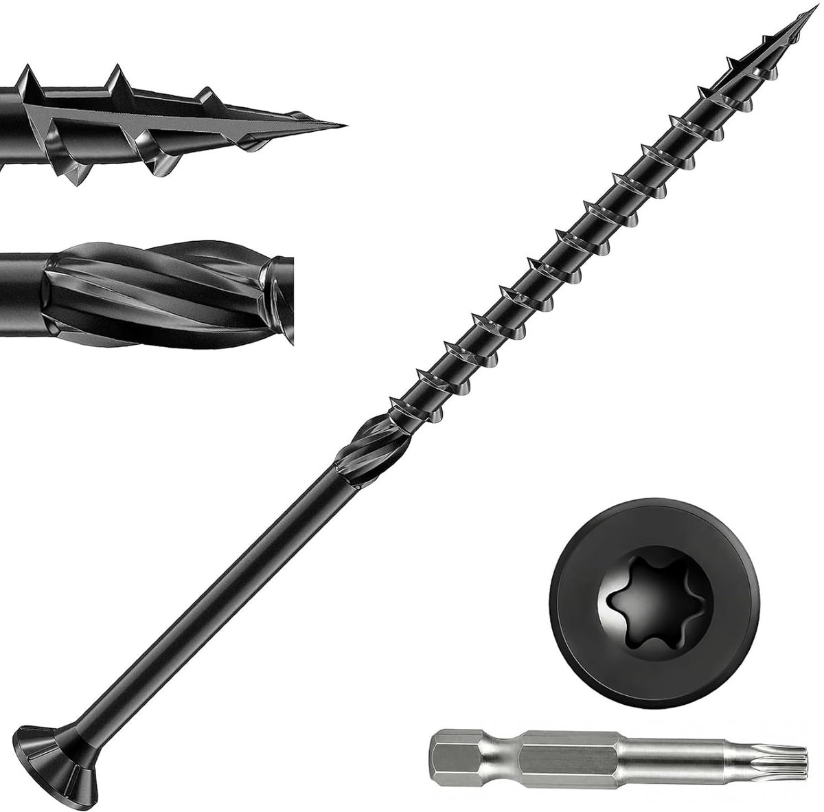 Houtschroeven, 5 x 100 mm, zwart, met bit, terrasschroeven Torx met verzonken kop, gedeeltelijke schroefdraad, freesribben, schachtfrees en snijpunt, voor doe-het-zelvers en