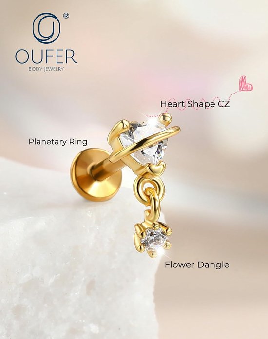16G Gold Dangle Helix Oorbel Intern Schroefdraad Tragus Oorbel Roestvrij Staal 316L Hart/Driehoek Helix Stud Platte Rug Clear CZ Kraakbeen Lob Piercing 6 mm voor Vrouwen — afbeelding 2